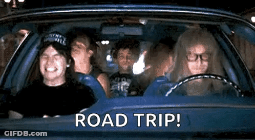 A Group Of People Are Sitting In A Car With The Words `` Road Trip '' Written On The Bottom . GIF