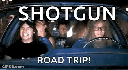 A Group Of People Are Sitting In A Car With The Words `` Shotgun Road Trip '' Written On The Screen . GIF