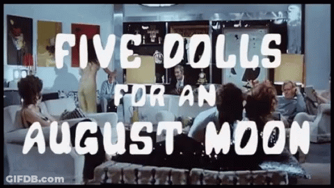 A Group Of People Are Sitting In A Living Room With The Words Five Dolls For An August Moon On The Bottom GIF