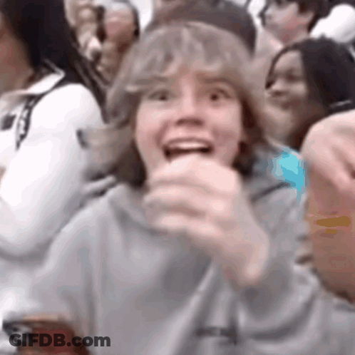 A Group Of People Are Sitting In A Stadium Watching A Game And One Of Them Is Smiling . GIF
