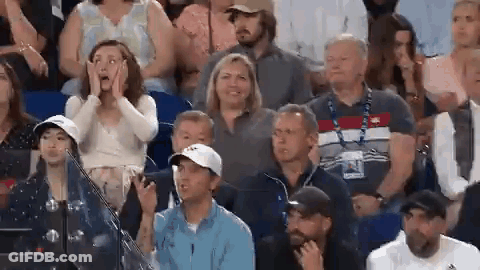 A Group Of People Are Sitting In A Stadium Watching A Tennis Match And A Woman Is Covering Her Face With Her Hands . GIF