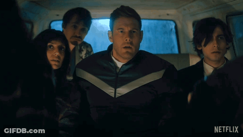 A Group Of People Are Sitting In A Van With Netflix Written On The Bottom GIF