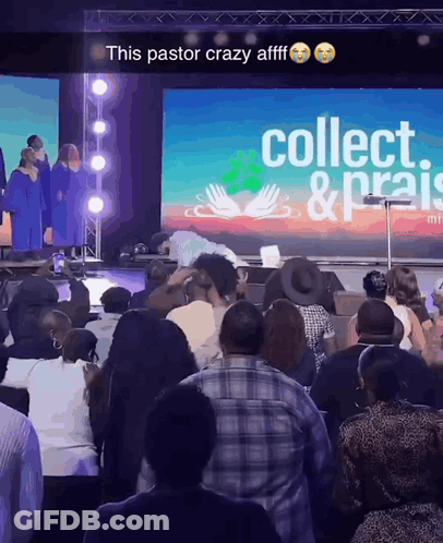 A Group Of People Are Sitting In Front Of A Large Screen That Says Collect & Praises GIF