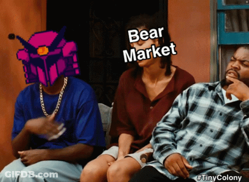 A Group Of People Are Sitting On A Bench And One Of Them Is Wearing A Bear Market Helmet GIF