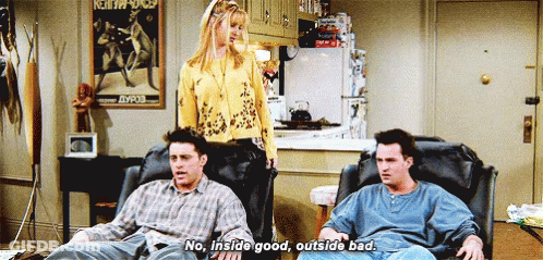 A Group Of People Are Sitting On A Couch And One Of Them Is Saying No Inside Good Outside Bad GIF