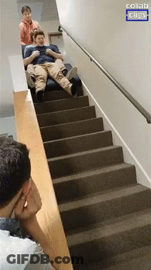 A Group Of People Are Sitting On A Slide Down A Set Of Stairs With The Words Collab Clips Above Them GIF