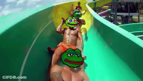 A Group Of People Are Sliding Down A Water Slide With Frogs On Their Faces GIF