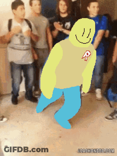 A Group Of People Are Standing Around A Drawing Of A Man With A Smiley Face On His Shirt GIF
