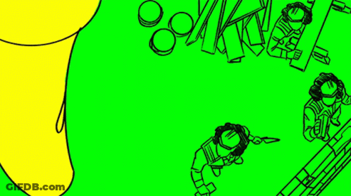 A Group Of People Are Standing Around A Giant Yellow Object On A Green Background . GIF
