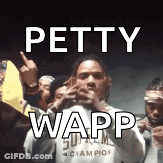 A Group Of People Are Standing Around A Man Holding A Microphone And A Sign That Says Petty Wapp . GIF