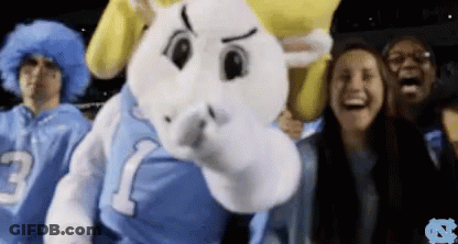 A Group Of People Are Standing Around A Mascot Wearing A Jersey With The Number 1 On It GIF