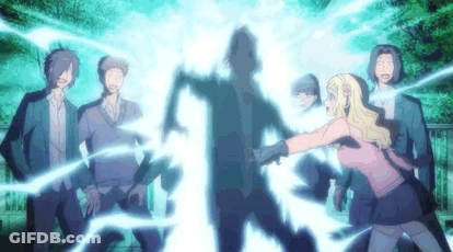 A Group Of People Are Standing Around A Person Being Attacked By A Ghost . GIF