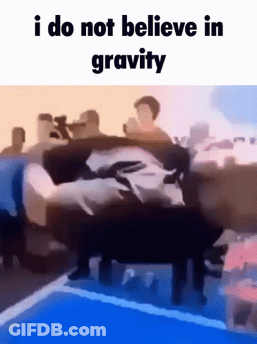 A Group Of People Are Standing Around A Pool With The Caption I Do Not Believe In Gravity GIF
