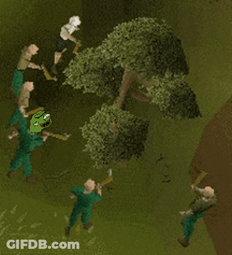 A Group Of People Are Standing Around A Tree With The Words " Shill " Written On The Bottom GIF