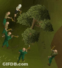 A Group Of People Are Standing Around A Tree With The Words " Shill " Written On The Bottom GIF