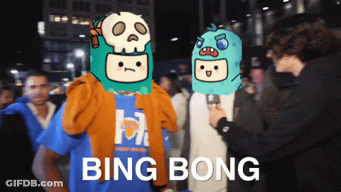 A Group Of People Are Standing In A Crowd And One Of Them Is Wearing A Blue Shirt That Says Bing Bong GIF