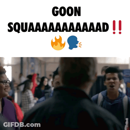 A Group Of People Are Standing In A Crowd With The Words Goon Squaaaaaaaaad !! Above Them GIF