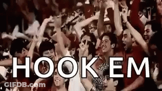 A Group Of People Are Standing In A Crowd With Their Hands In The Air And The Words Hook Em Written On The Screen . GIF