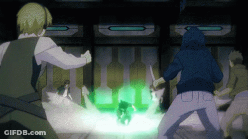 A Group Of People Are Standing In A Dark Room With A Green Light Coming Out Of A Doorway GIF