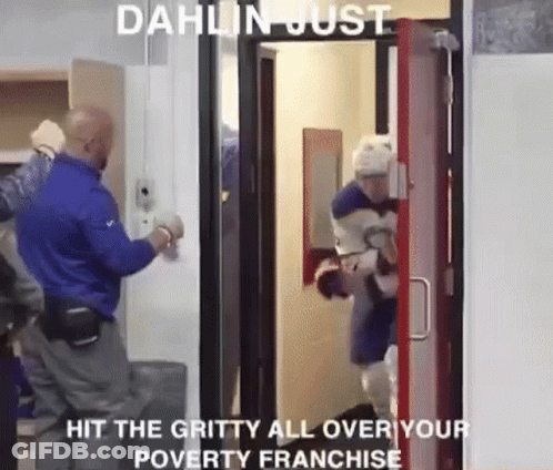A Group Of People Are Standing In A Doorway With The Words `` Hit The Gritty All Over Your Poverty Franchise '' . GIF