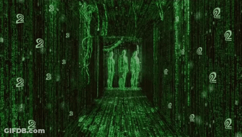 A Group Of People Are Standing In A Hallway Surrounded By A Matrix Background . GIF