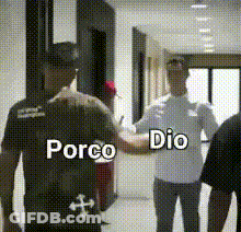 A Group Of People Are Standing In A Hallway With The Words Porco Dio Written On The Bottom Of The Image . GIF