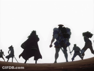 A Group Of People Are Standing In A Line With One Holding A Sword GIF
