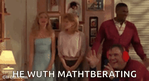 A Group Of People Are Standing In A Living Room With A Man Wearing Headphones And A Woman In A Dress . GIF