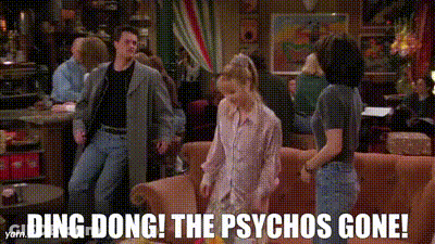 A Group Of People Are Standing In A Living Room With The Words Ding Dong The Psychos Gone GIF
