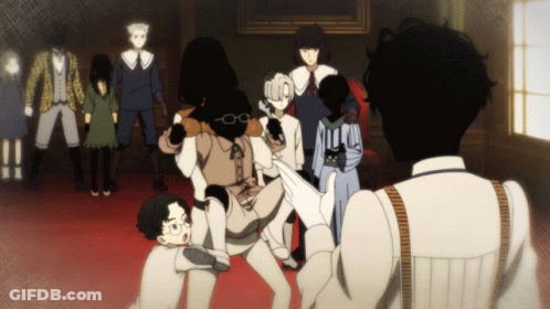 A Group Of People Are Standing In A Room And One Has A Mask On GIF