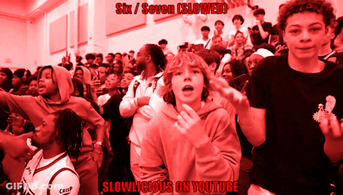 A Group Of People Are Standing In A Room With The Words Six / Seven Slowed Slowlycious On Youtube GIF