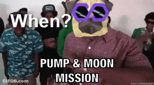 A Group Of People Are Standing In A Room With The Words " When Pump & Moon Mission " On The Bottom GIF
