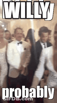 A Group Of People Are Standing In A Room With The Words Willy Probably Written On The Bottom GIF