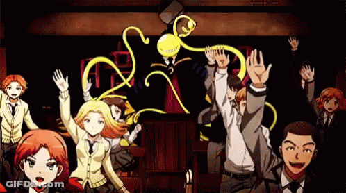 A Group Of People Are Standing In A Room With Their Hands In The Air And A Man Is Standing In The Middle Of The Room . GIF
