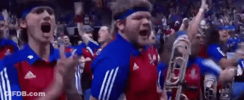 A Group Of People Are Standing In A Stadium Watching A Game And Cheering . GIF