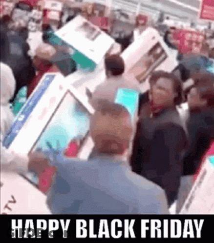 A Group Of People Are Standing In A Store Looking At A Computer Screen . GIF