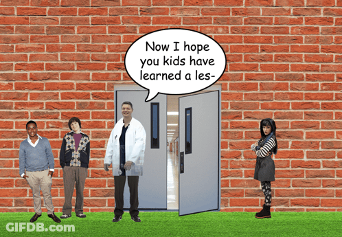 A Group Of People Are Standing In Front Of A Brick Wall With A Speech Bubble That Says Now GIF