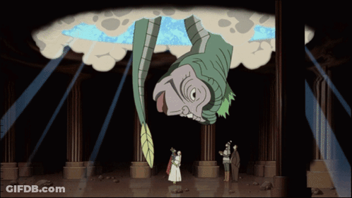 A Group Of People Are Standing In Front Of A Cartoon Character GIF