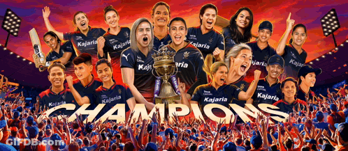 A Group Of People Are Standing In Front Of A Crowd With The Word Champions Written In The Middle GIF