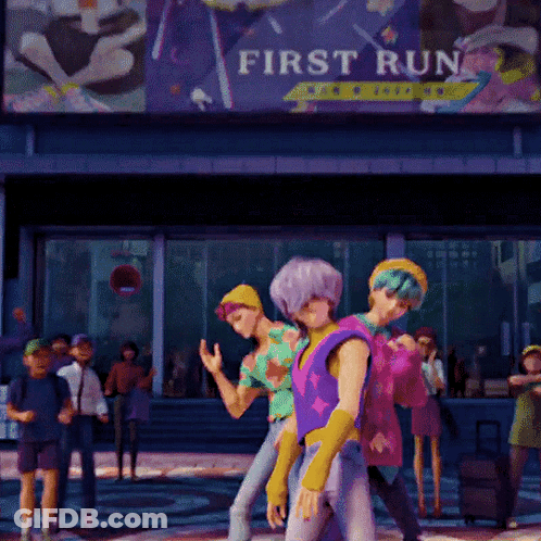 A Group Of People Are Standing In Front Of A First Run Sign GIF