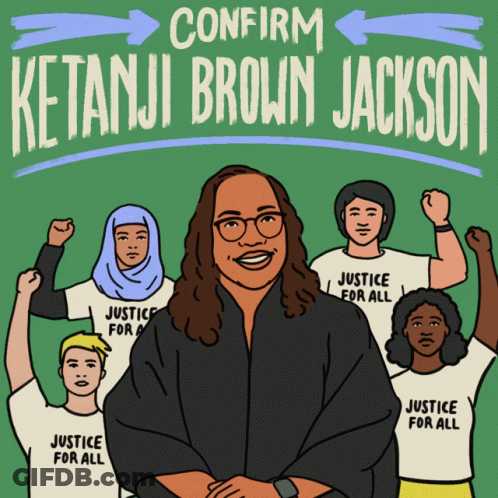 A Group Of People Are Standing In Front Of A Green Sign That Says Confirm Ketani Brown Jackson GIF