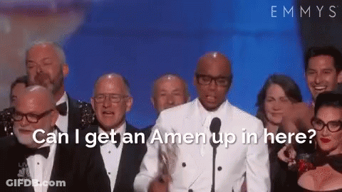 A Group Of People Are Standing In Front Of A Microphone With The Words Can I Get An Amen Up In Here GIF