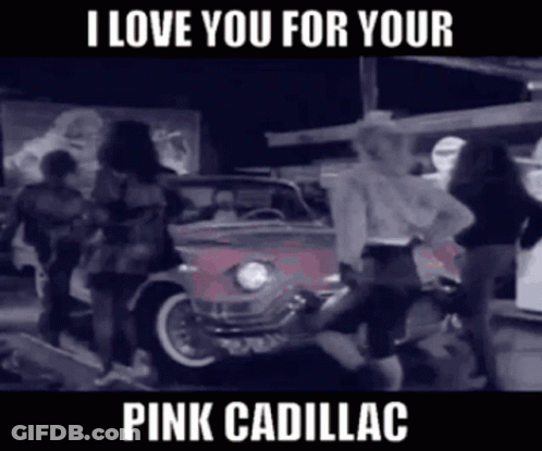 A Group Of People Are Standing In Front Of A Pink Cadillac That Says " I Love You For Your Pink Cadillac " GIF