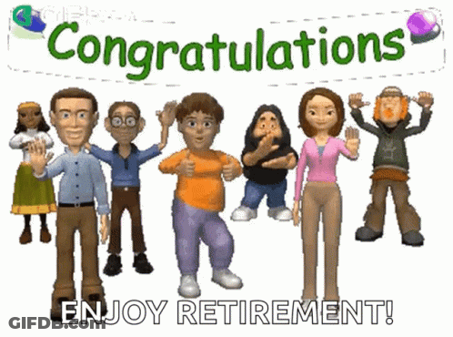A Group Of People Are Standing In Front Of A Sign That Reads Congratulations Enjoy Retirement GIF