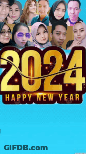 A Group Of People Are Standing In Front Of A Sign That Says Happy New Year 2024 GIF