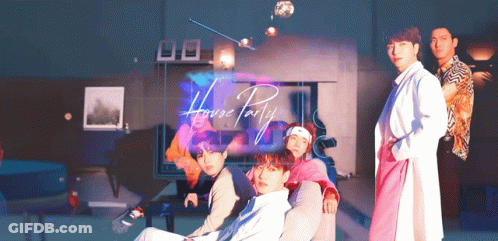 A Group Of People Are Standing In Front Of A Sign That Says " House Party " GIF