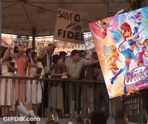 A Group Of People Are Standing In Front Of A Sign That Says Save A Virgin Fidel GIF
