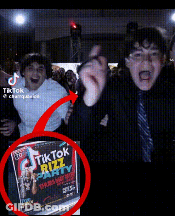 A Group Of People Are Standing In Front Of A Sign That Says Tiktok Rizz Party GIF