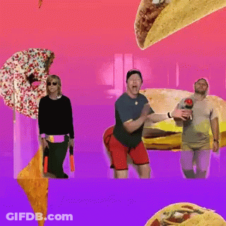 A Group Of People Are Standing In Front Of A Taco And Donut GIF