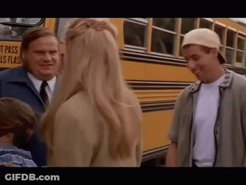 A Group Of People Are Standing In Front Of A Yellow School Bus . GIF